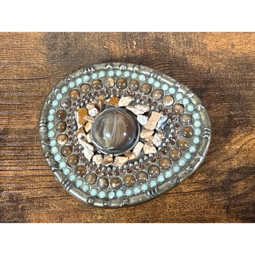 Western Mosaic Stone Belt Buckle Oval Earthy Agate Style Brass Tone‎ Bohemian